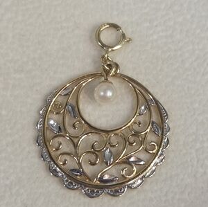 Genuine Solid 14K "2-tone" Gold Floral Filligree Pendant With Dangling Pearl